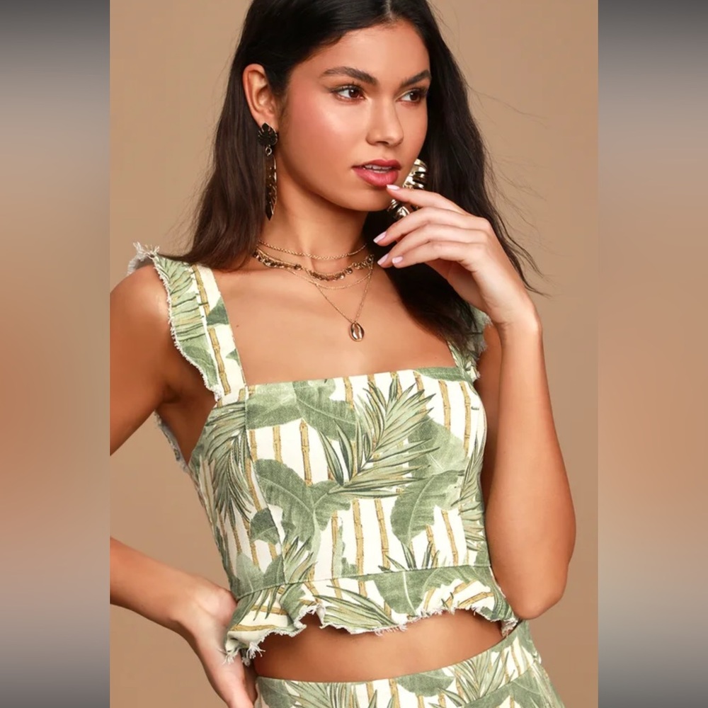 Delia Cream Leaf Print Ruffled Denim Crop Top